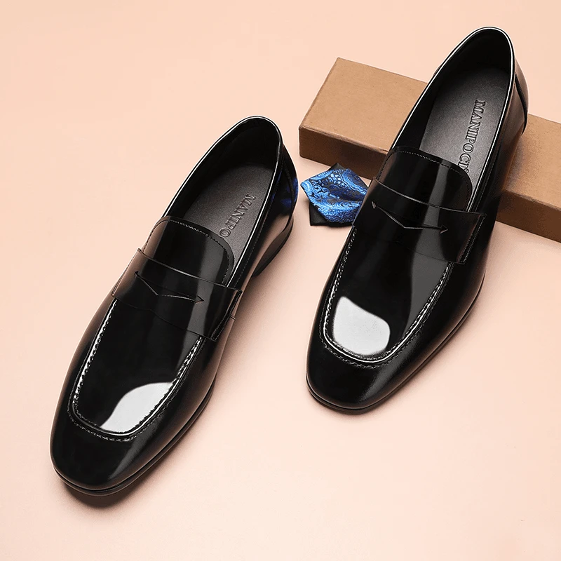 男士休闲英伦风皮鞋百搭黑色真皮乐福鞋时尚小方头休闲男鞋一脚蹬