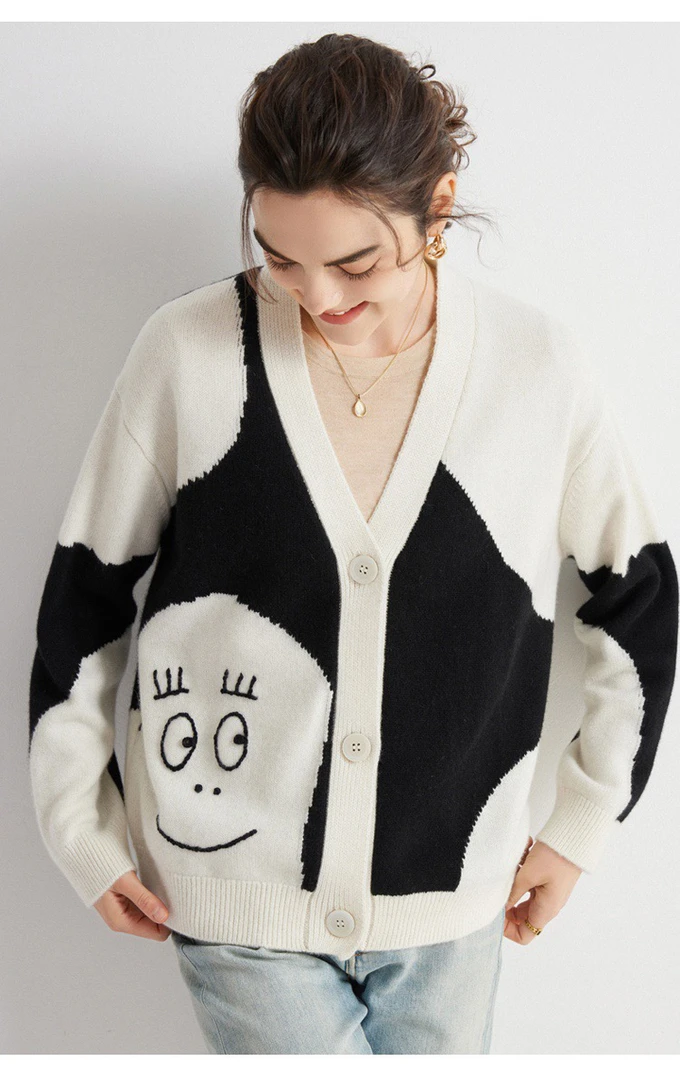 可爱到爆！重工嵌花笑脸！羊绒开衫女纯羊绒毛衣女