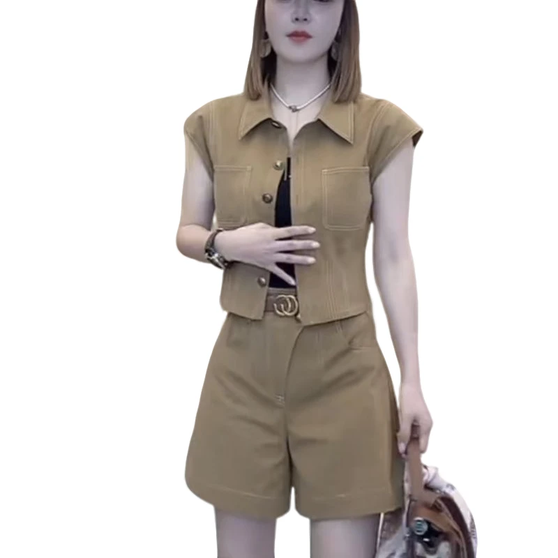 高端洋气小众个性纯色2024夏季新款时尚百搭气质两件套短袖+短裤