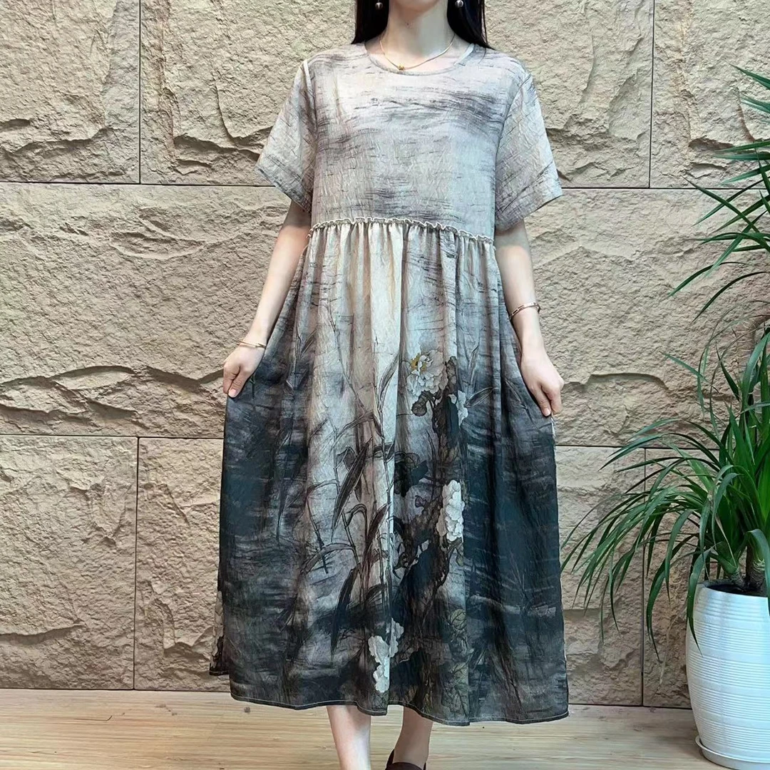 8598新款文艺优雅显瘦气质A字版印花长款大摆连衣裙时尚文艺