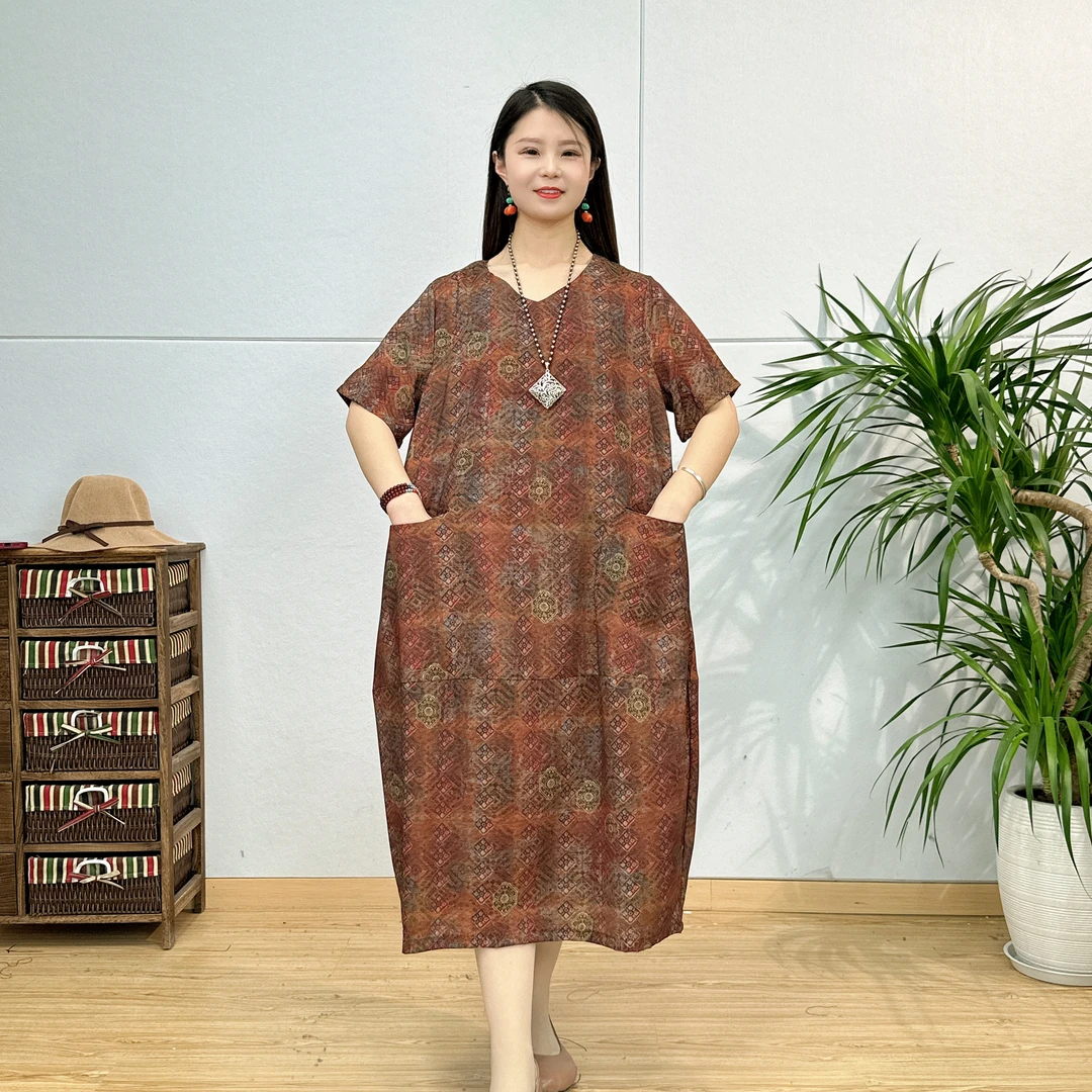 8055新款文艺优雅显瘦气质A字版印花长款大摆连衣裙时尚文艺复古