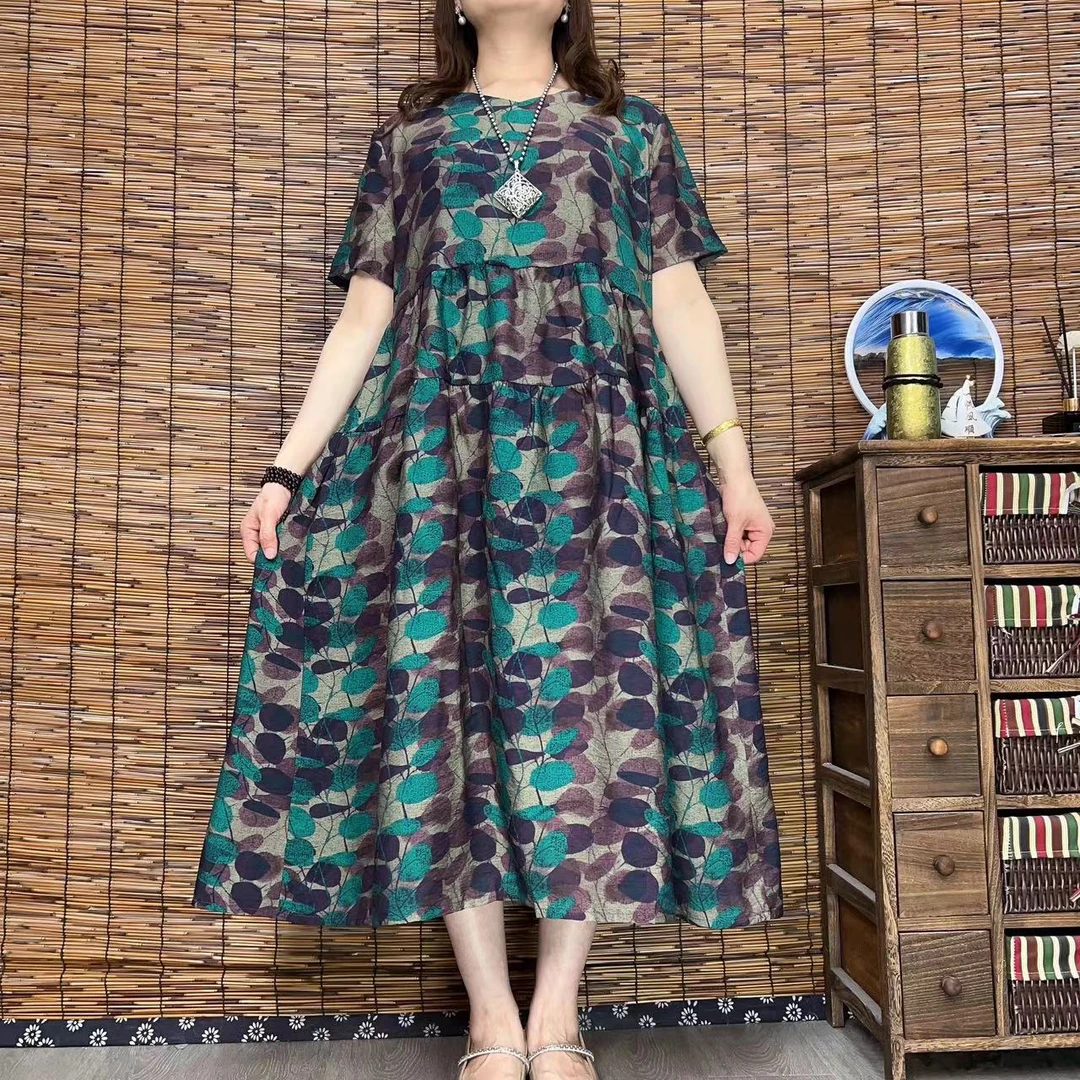 9642夏季2024新款遮肉显瘦气质时尚休闲女装妈妈装长摆连衣裙