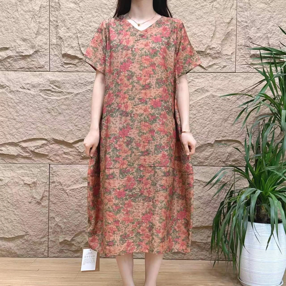 026均码新款单排扣口袋款A字版印花长款大摆连衣裙时尚文艺复古