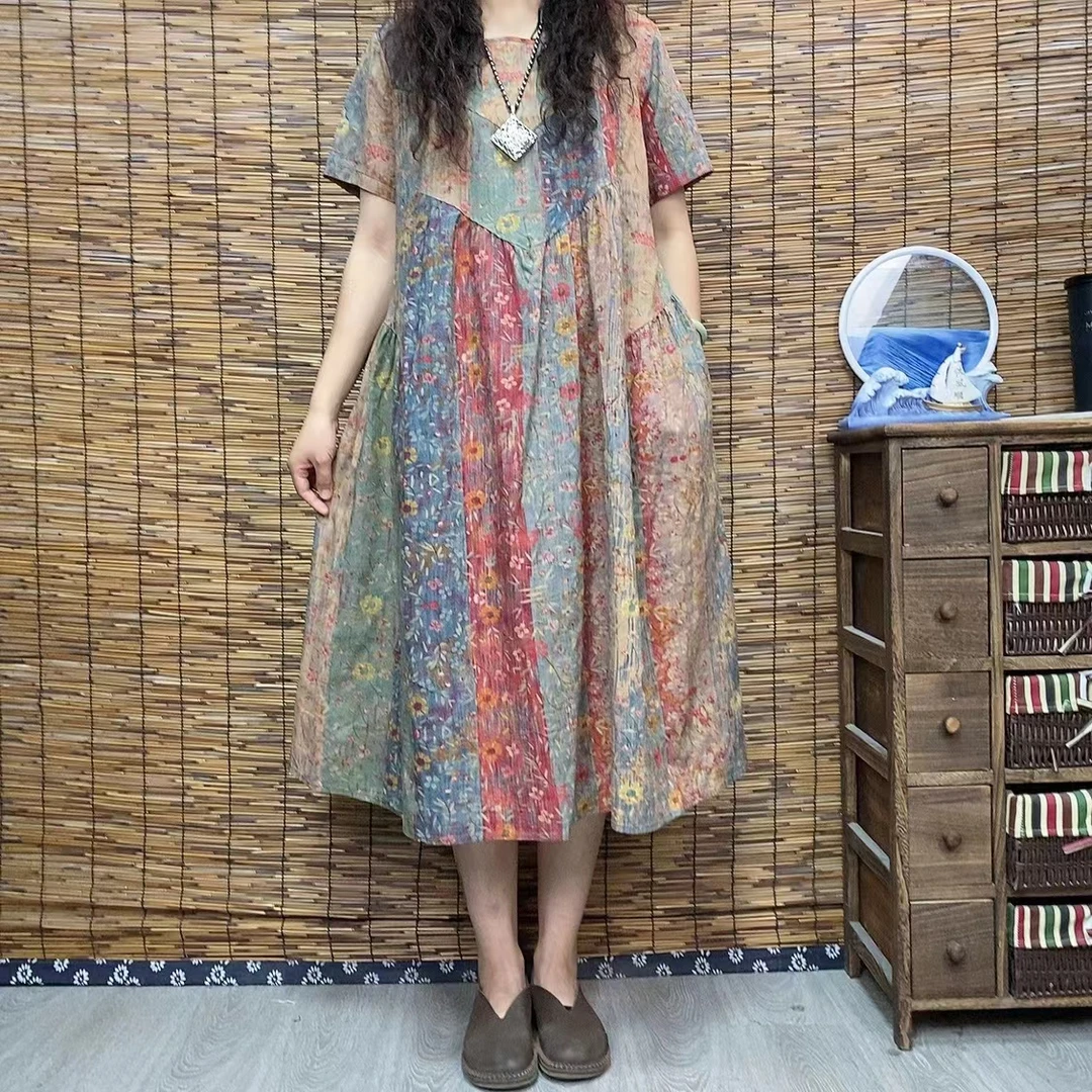 9662新款文艺优雅显瘦气质A字版印花长款大摆连衣裙时尚文艺复古