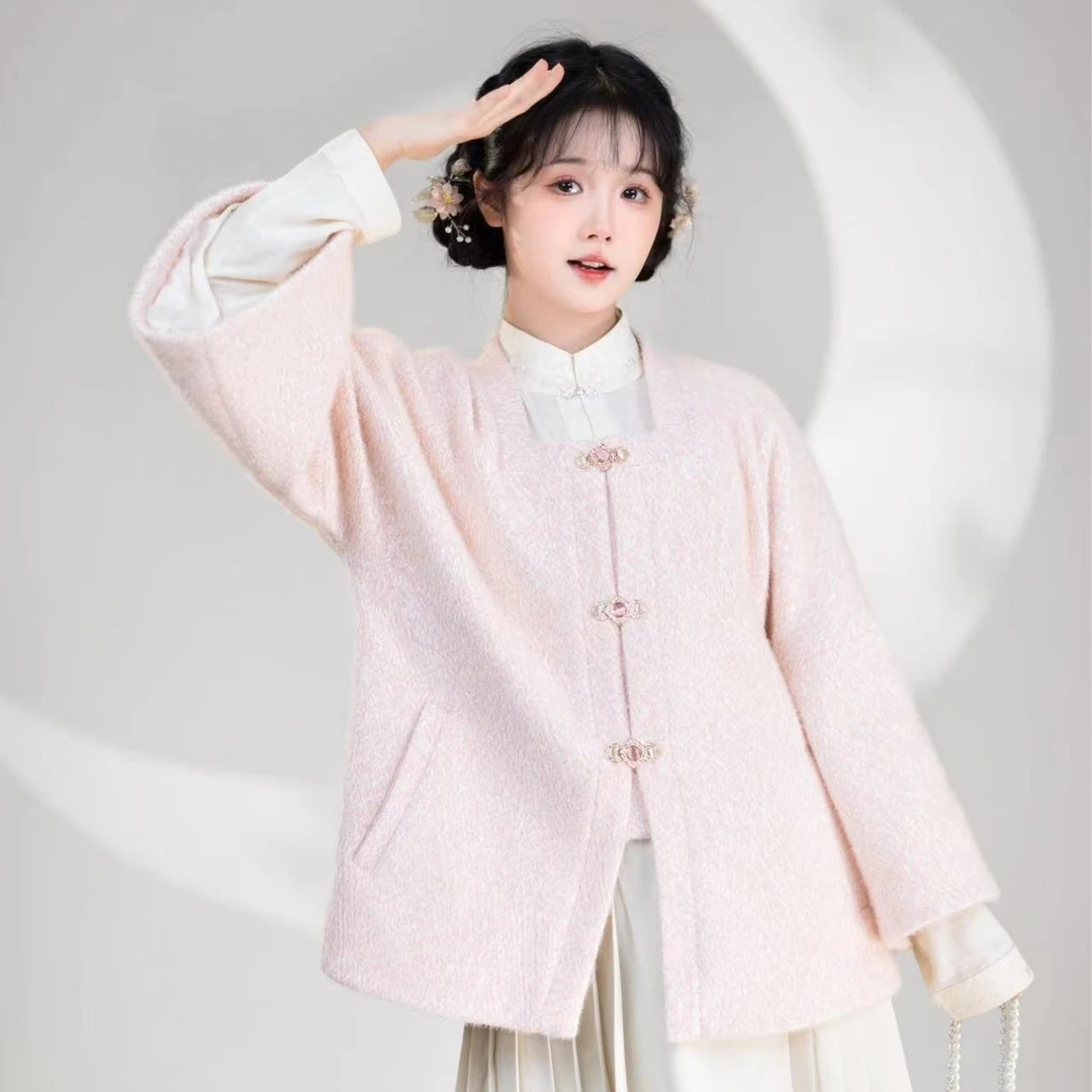 粉雪雪绒秋冬短款加厚大衣日常气质显瘦有口袋方领