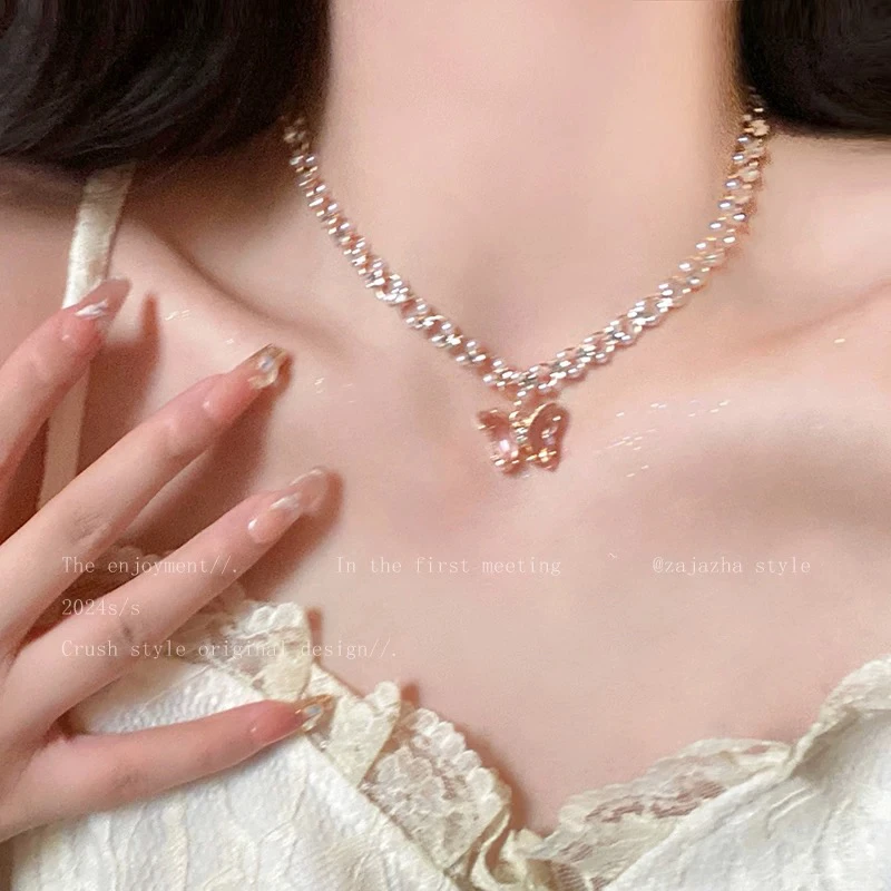 铜合金琉璃项链 夏日多巴胺彩色混搭水晶锆石蝴蝶吊坠双层锁骨链