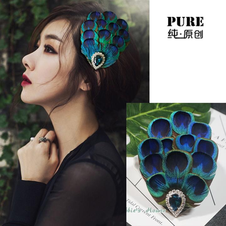 民族风孔雀羽毛发夹手工头饰人工水钻晚宴高档发饰 复古发卡边夹