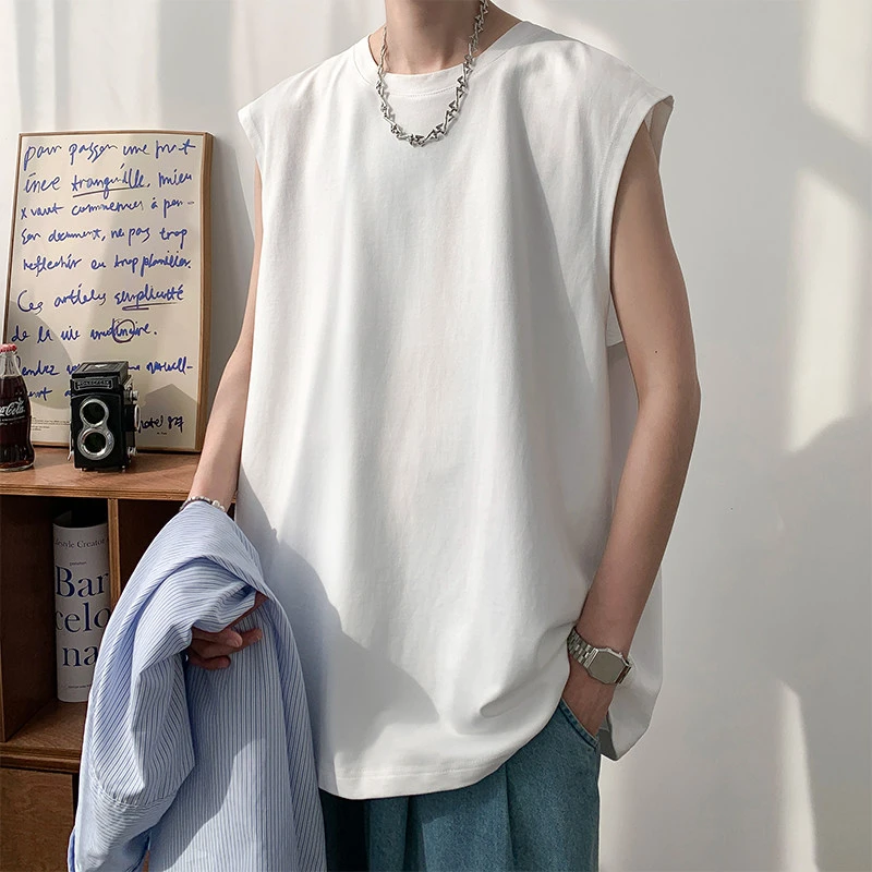 港风简约无袖背心男运动休闲坎肩T恤清凉舒适夏季打底