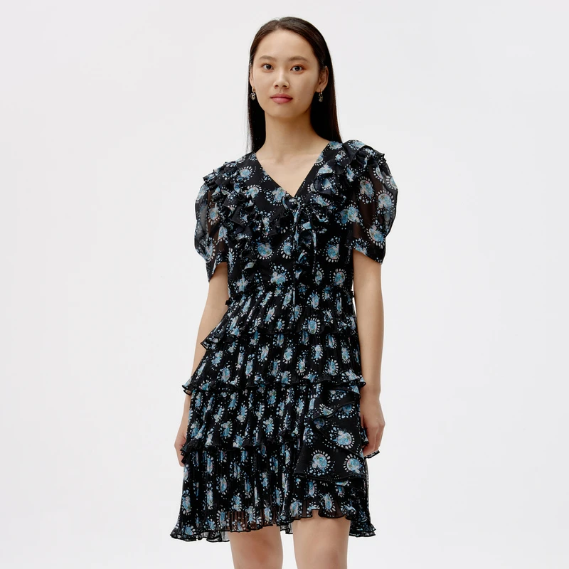 【商场同款】HPLY荷比俪花卉印花压褶设计层叠连衣裙HMC27750016