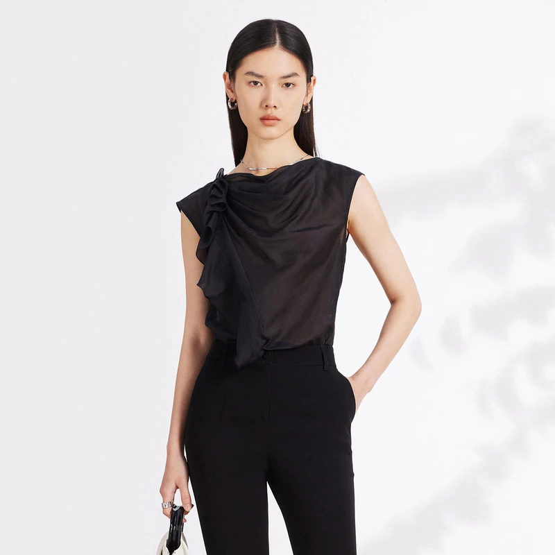 荷家严选hply荷比俪2023夏季新款女抽褶艺术两片式裁剪荷叶边上衣