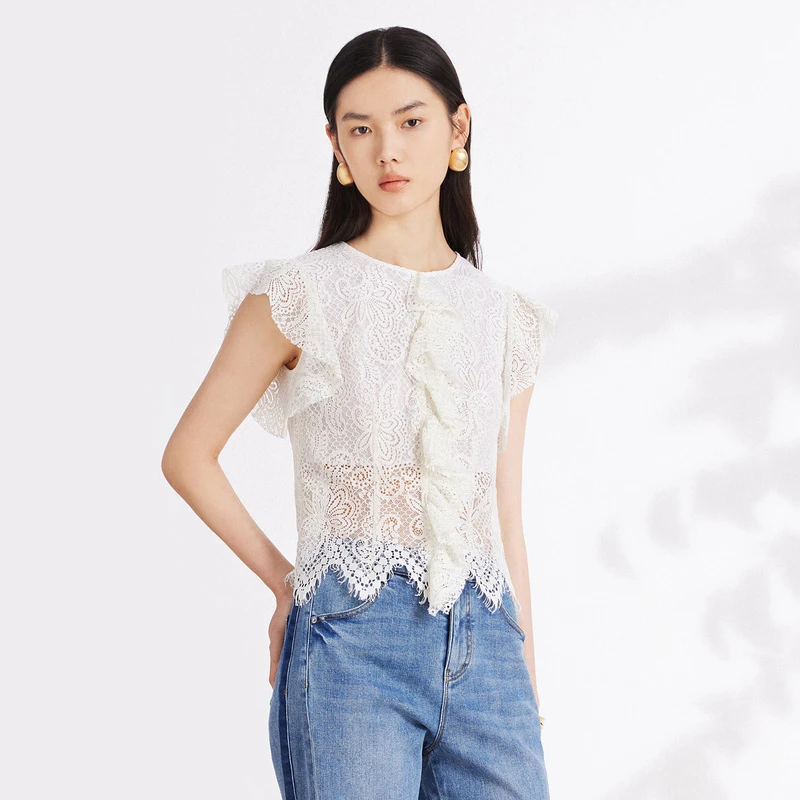 小荷甄选hply荷比俪2023夏季新款女飘逸荷叶边蕾丝气质上衣女士