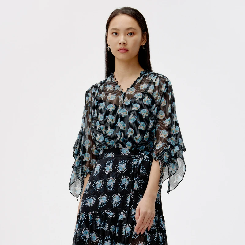 HPLY荷比俪夏新款女印花波点灵动荷叶边抽褶上衣HEC27610271