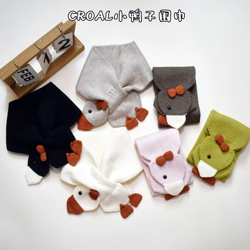 儿童秋冬围巾婴儿超萌小鸭针织宝宝保暖围脖男女童交叉式围巾