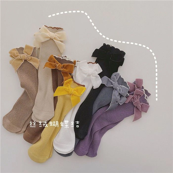 丝绒配饰蝴蝶结直筒袜 6双混色