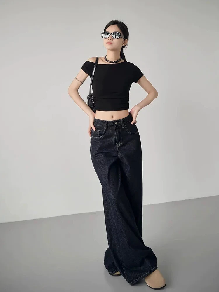 丹宁原色美式宽松阔腿牛仔裤女春秋季垂感慵懒休闲拖地辣妹