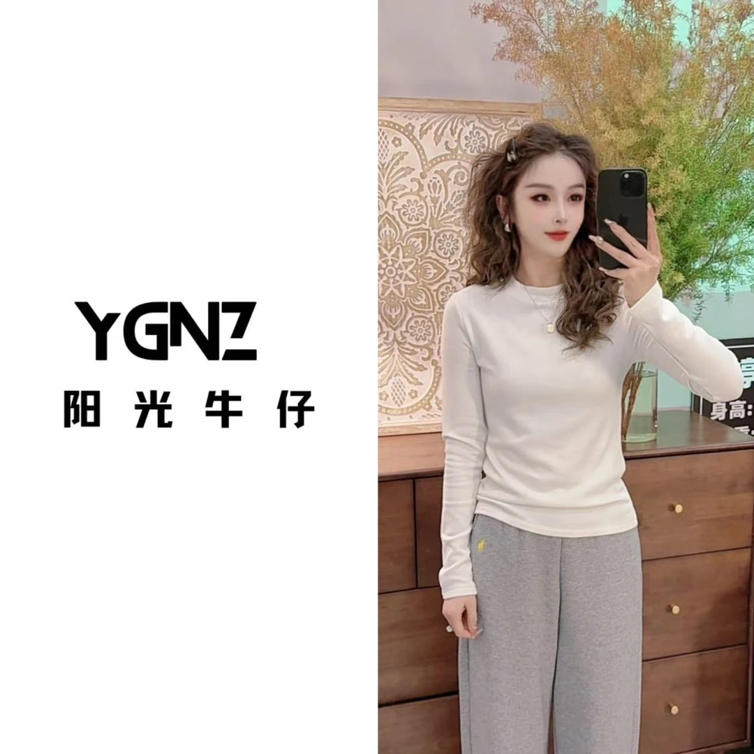 【阳光牛仔】“元熙”韩系冬季加绒简约纯色圆领百搭T恤