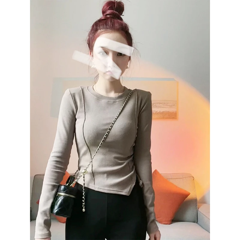 纯色德绒内搭打底衫秋冬新款鱼骨不规则百搭小众正肩长袖上衣T恤