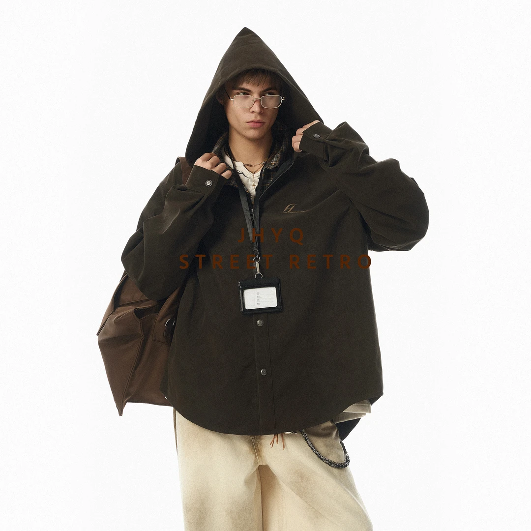 【JHYQ】美式复古半开衫连帽PU皮衣男休闲街头潮牌休闲工装外套611