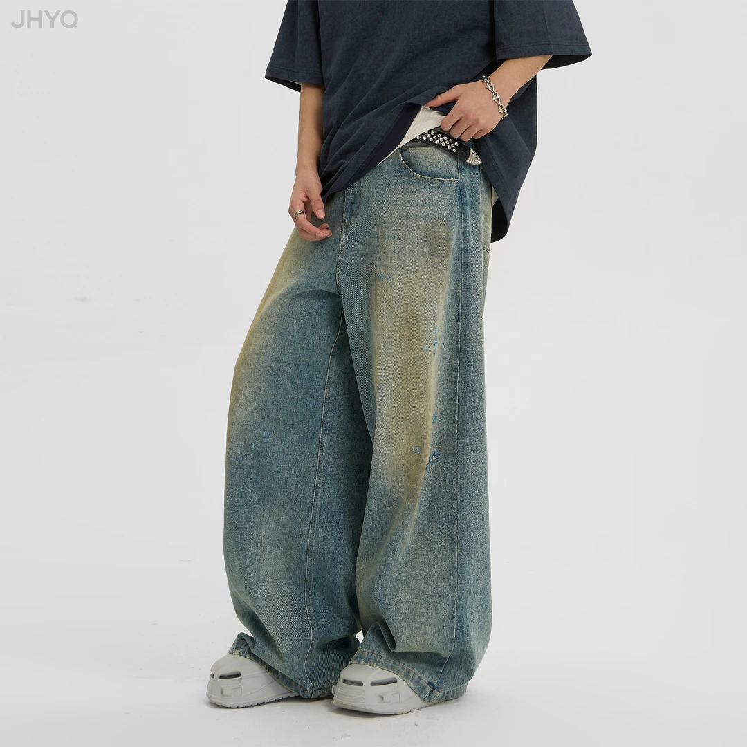 【JHYQ】复古水洗做旧破洞阔腿牛仔裤直筒潮牌高街脏脏裤345-XH