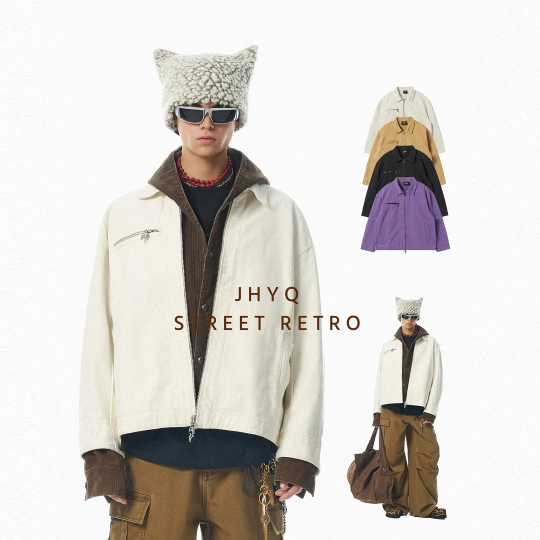 【JHYQ】重磅帆布夹克男潮牌青年美式嘻哈铆钉假设计LOGO外套219-1