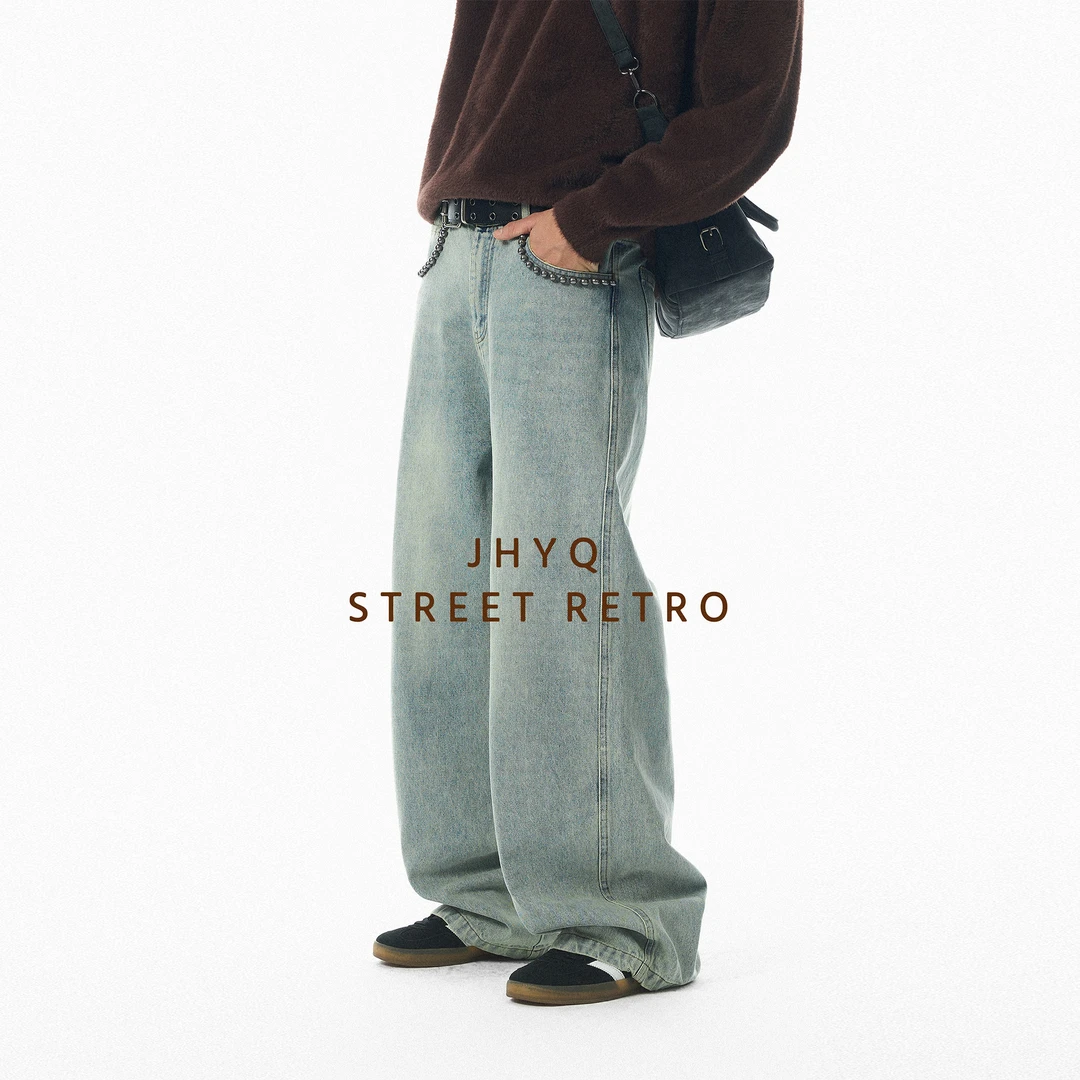 【JHYQ】百搭复古美式牛仔裤串珠中腰宽松直筒水洗休闲裤346