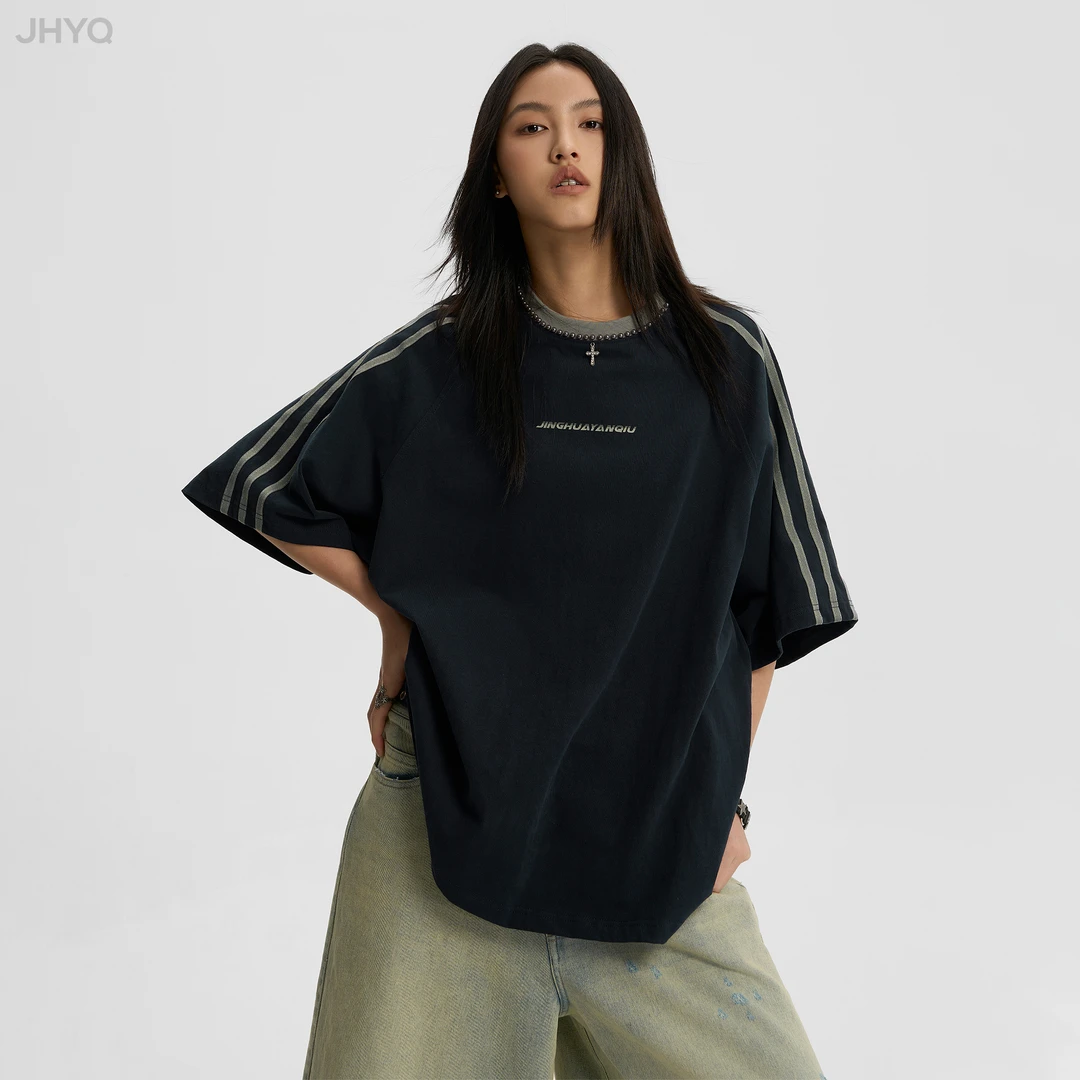 【JHYQ】春夏休闲串珠工艺水洗做旧圆领半袖男高街潮流宽松上衣333