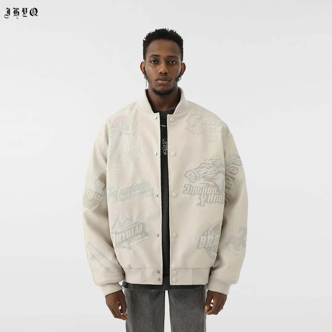 【JHYQ】重工刺绣棒球服加绒加厚外套宽松潮牌秋冬保暖PU皮夹克106