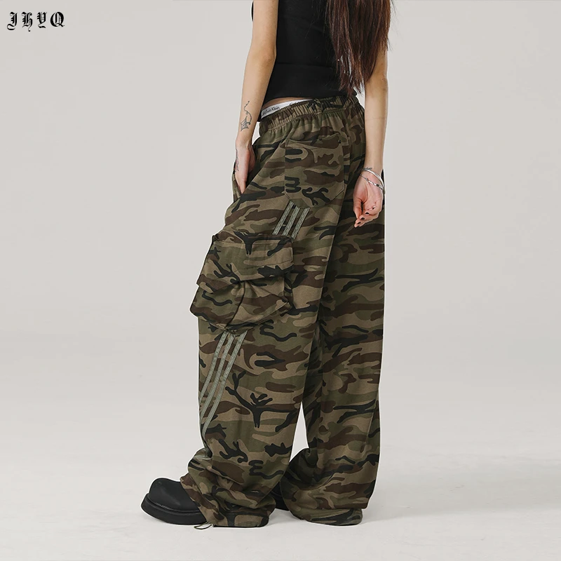 【JHYQ】拼接条纹迷彩工装裤男宽松直筒休闲阔腿长裤迷彩裤子297