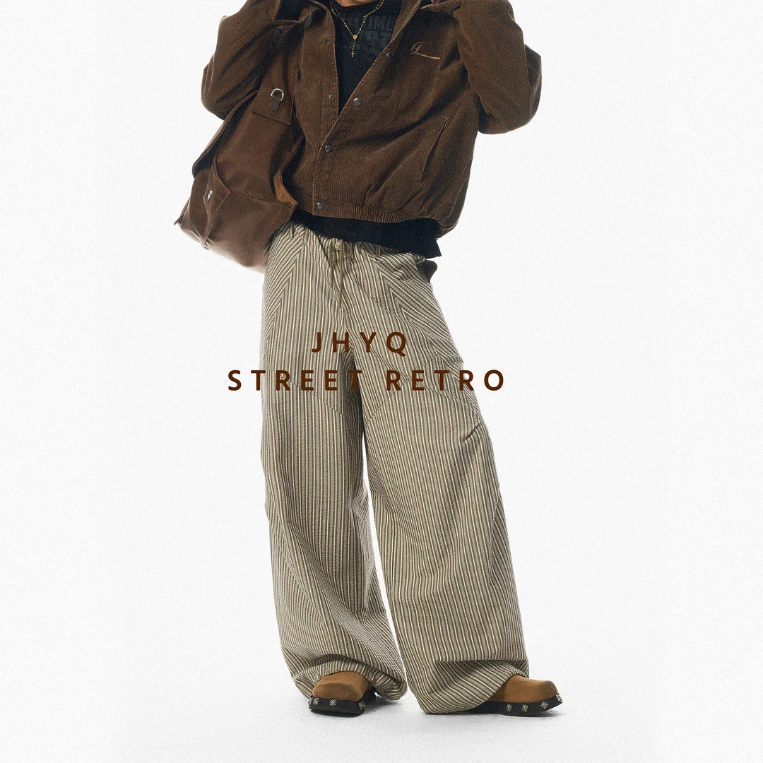 【JHYQ】秋季美式竖条纹解构休闲裤百搭直筒慵懒松弛感拖地裤576