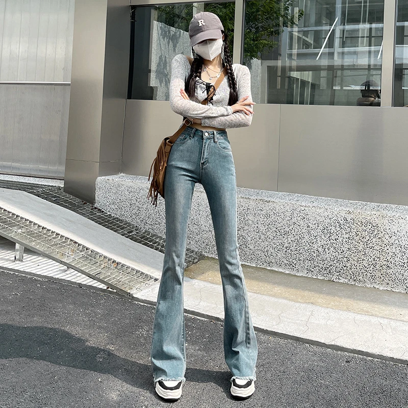 美式复古微喇叭牛仔裤女2024春季新款弹力高腰修身显瘦毛边拖地裤