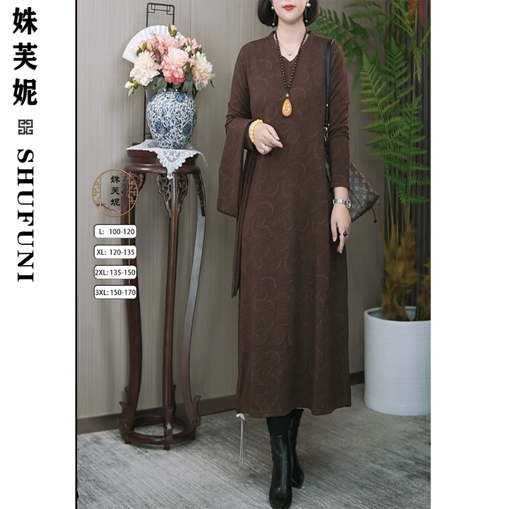 【姝芙妮】高品质V领气质显瘦长款连衣裙SFN1515咖绿月牙带围巾