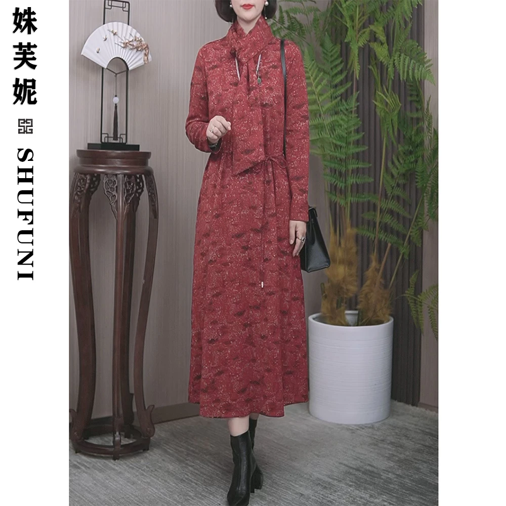 【姝芙妮】高品质立领气质显瘦国风气质长款连衣裙SFN15182带围巾红