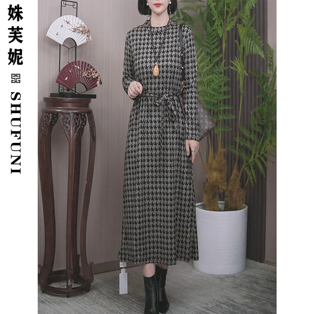 【姝芙妮】高品质圆领气质显瘦千鸟格长款连衣裙SFN1510