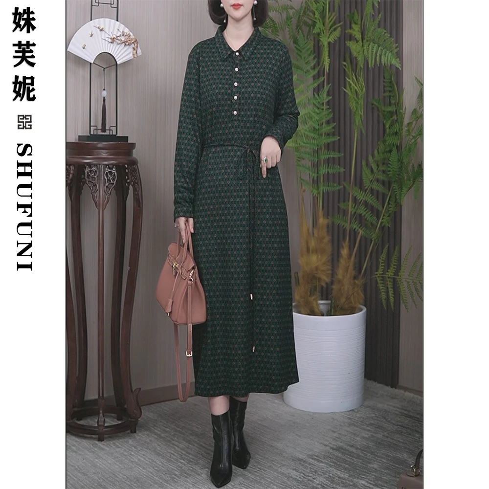 【姝芙妮】高品质衬衣领气质显瘦提花长款连衣裙SFN1517墨绿色