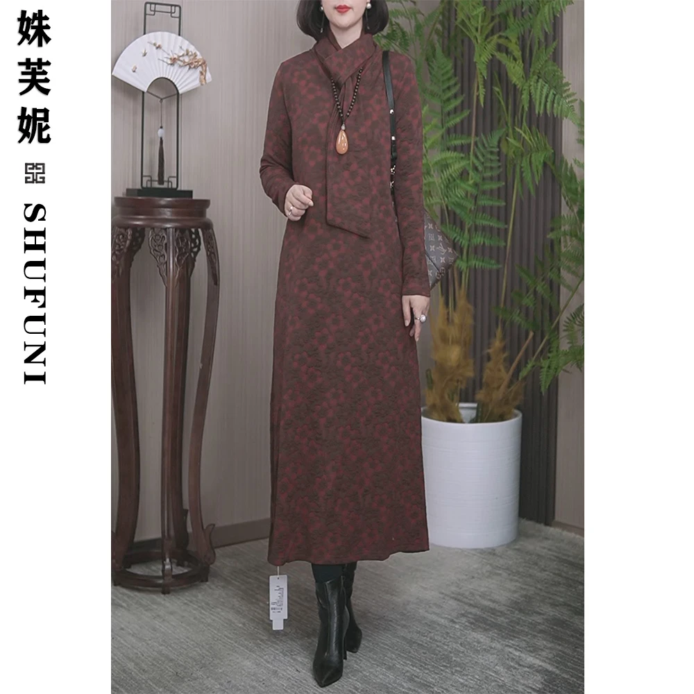 【姝芙妮】高品质V领气质显瘦长款连衣裙SFN1515咖色十里桃花带围巾