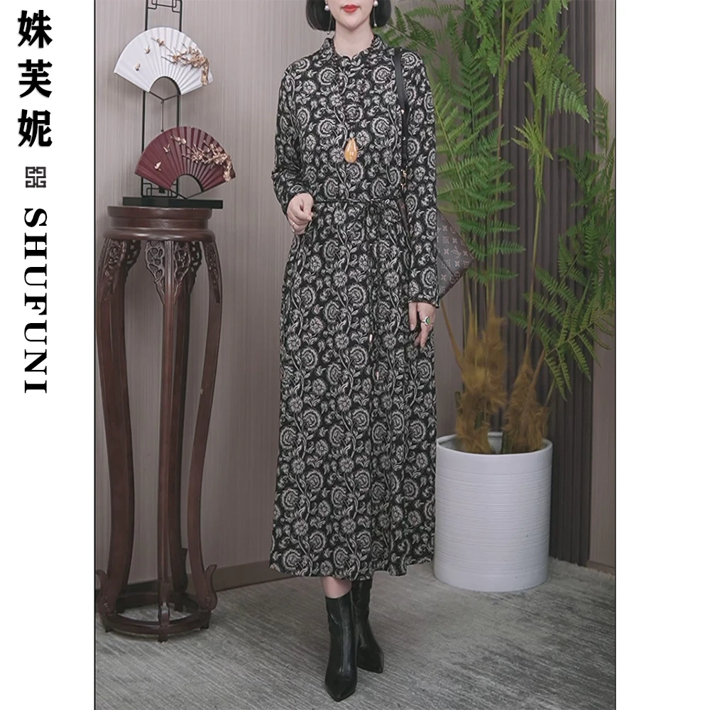 【姝芙妮】高品质立领显瘦气质长款连衣裙SFN1518围巾黑杏花水墨青