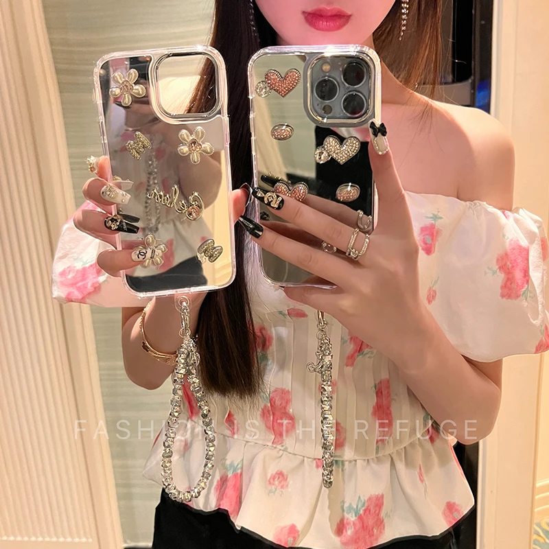创意镜面爱心花朵苹果14promax手机壳iPhone15网红女新款13个性潮
