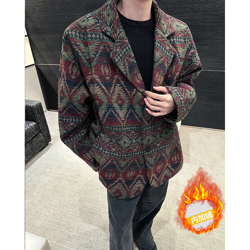 民族风毛呢大衣秋冬款男装加绒加厚冬季外套复古短款男士呢子大衣