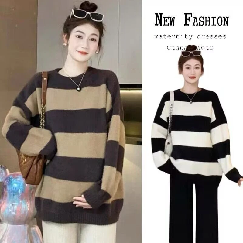 孕妇毛衣秋冬加厚外穿洋气显瘦仿水貂绒中长款黑白条纹毛衣针织衫