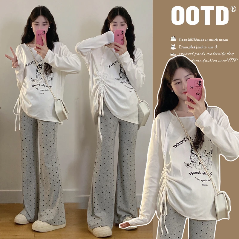 孕妇装上衣2025春秋时尚设计感抽绳洋气减龄上衣＋波点喇叭裤套装