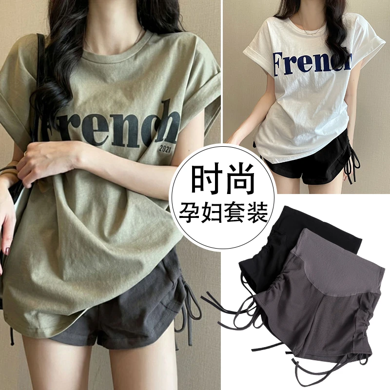孕妇装短裤套装小个子夏季时尚洋气字母印花T恤+外穿托腹短裤套装