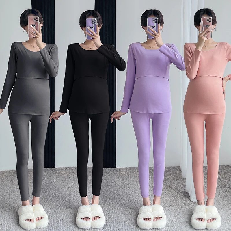 孕妇装秋冬月子套装新款发热德绒美体保暖内衣打底冬季哺乳套装