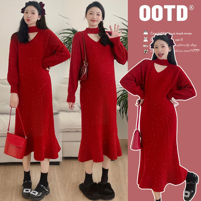 孕妇连衣裙2024秋冬外穿时尚镂空挂脖新年亮丝毛衣鱼尾加厚针织裙