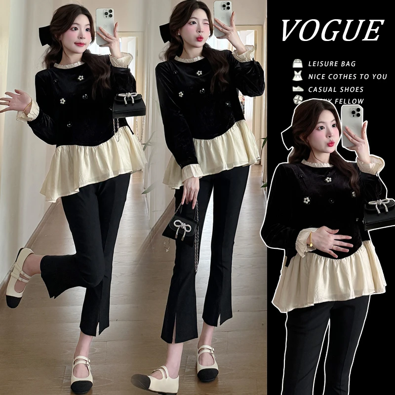 孕妇上衣小个子春秋时尚气质甜美显瘦小香风上衣＋开叉喇叭裤套装