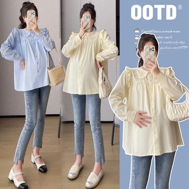 孕妇衬衫2025春秋时尚韩版遮肚显瘦气质甜美减龄百搭木耳边娃娃衫