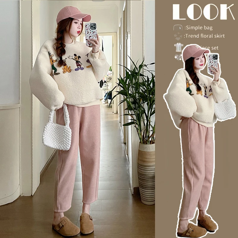 孕妇卫衣套装秋冬外穿加绒加厚休闲卡通休闲上衣＋加绒直筒裤套装