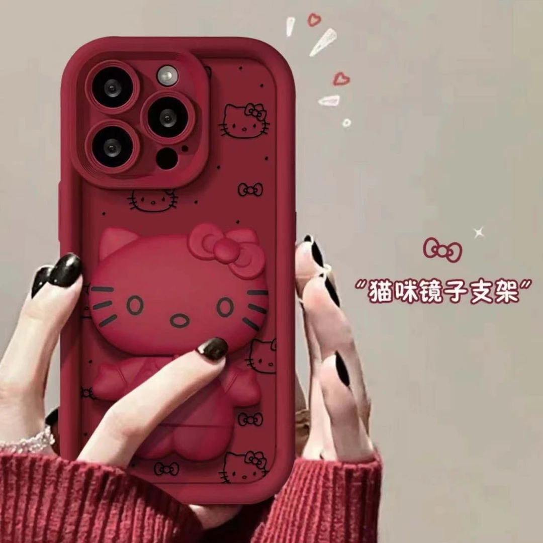 适用苹果15手机壳猫咪支架iPhone14/13promaxkitty猫镜子12软防摔