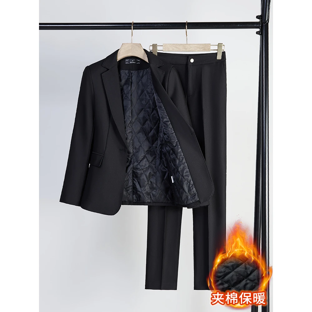 夹棉黑色西装外套女秋冬加厚2025新款正装工作服职业西服高端春秋