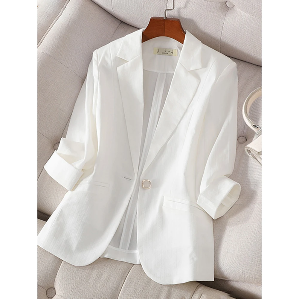 白色小西装外套女夏季薄款新款七分袖高级感休闲亚麻西服女士夏天