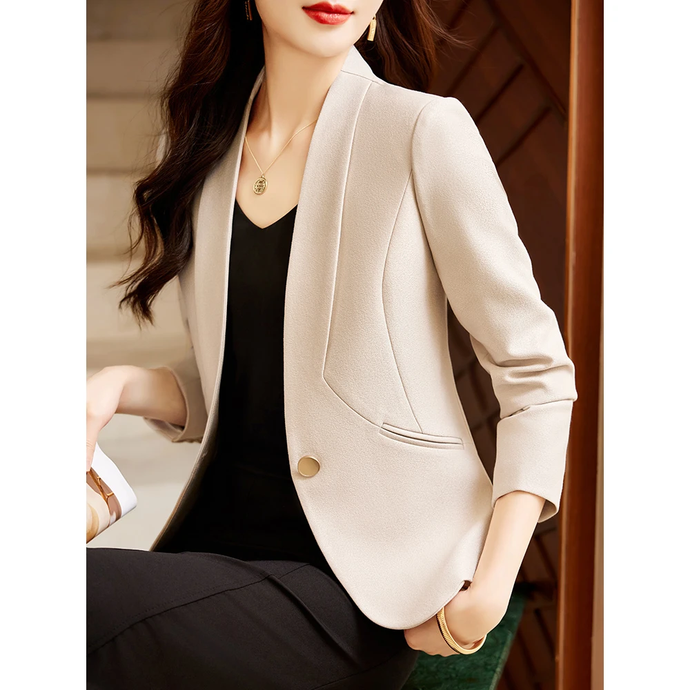 高端米杏色西装外套女春秋2025新款高级感修身小个子无领西服上衣